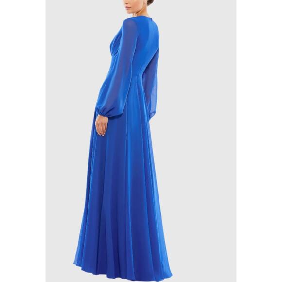Ieena For Mac Duggal V-Neck Illusion Long Sleeve Chiffon Gown Size 14  NWOT Blue - Picture 10 of 16